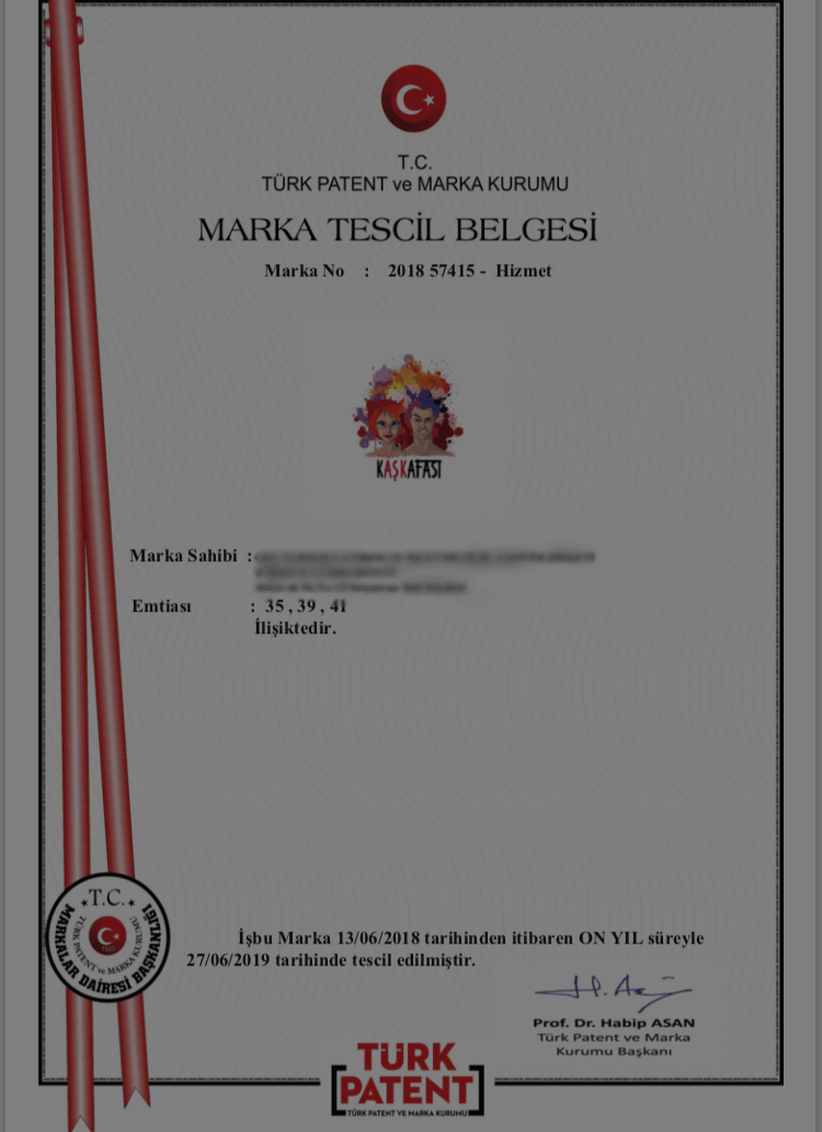Kaş Kafası Tescil ve Marka Belgesi